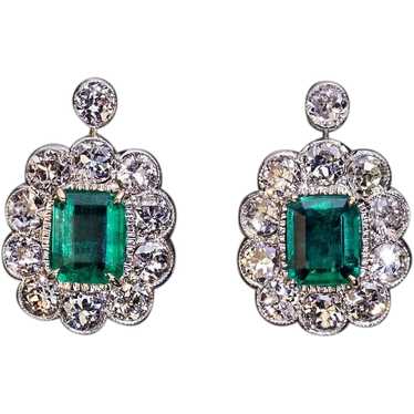 Vintage Emerald Diamond Gold Cluster Earrings - image 1