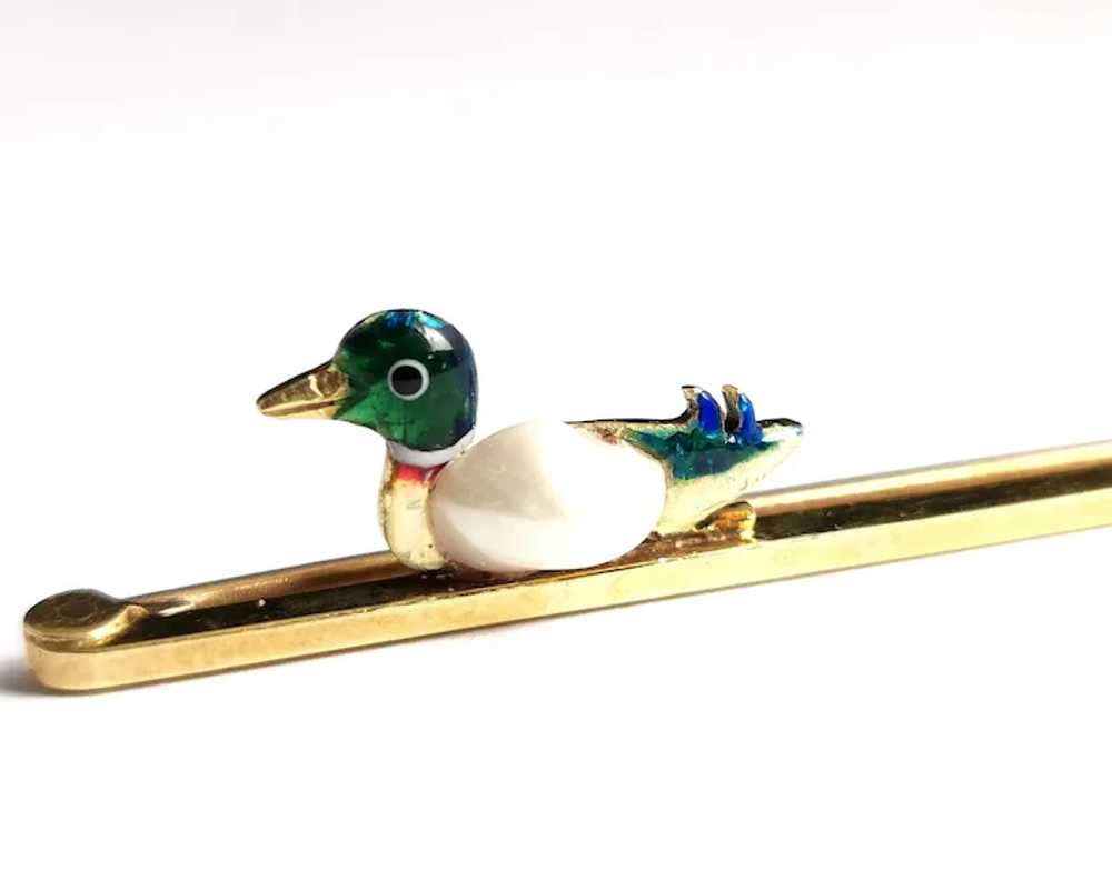 Antique 15k gold Duck brooch, Enamel and Baroque … - image 11