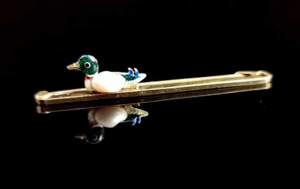 Antique 15k gold Duck brooch, Enamel and Baroque … - image 2