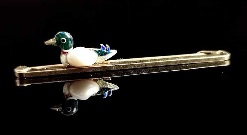 Antique 15k gold Duck brooch, Enamel and Baroque … - image 3