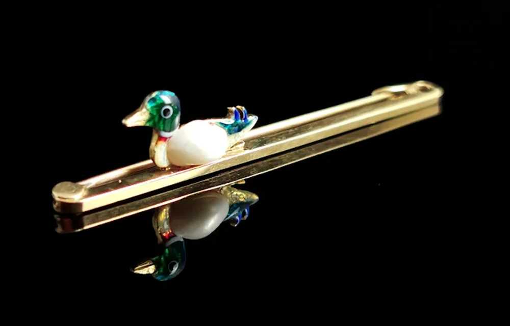 Antique 15k gold Duck brooch, Enamel and Baroque … - image 6