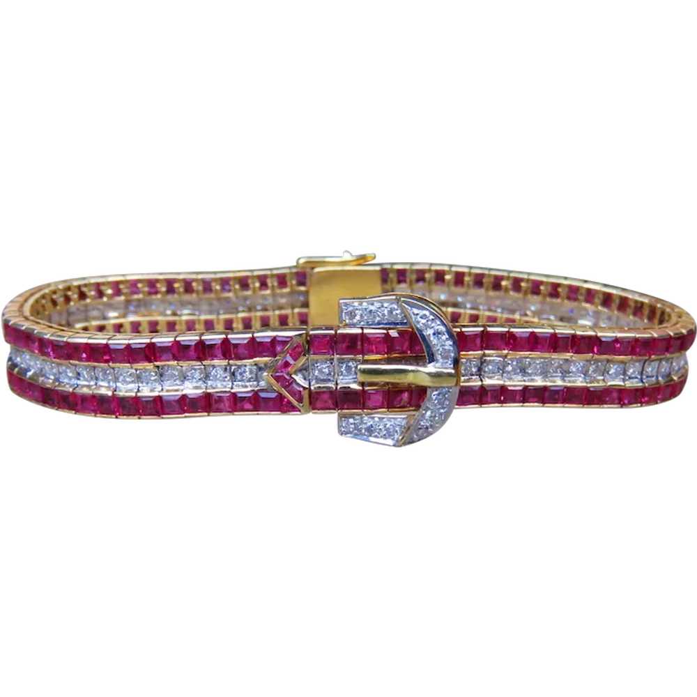 Ruby and Diamond Belt Buckle 18k Gold Bracelet wi… - image 1