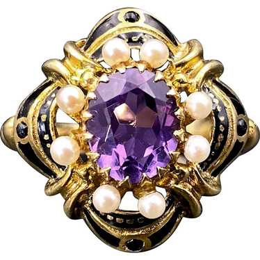 Victorian Revival 14K, Amethyst, Pearl & Black Ena