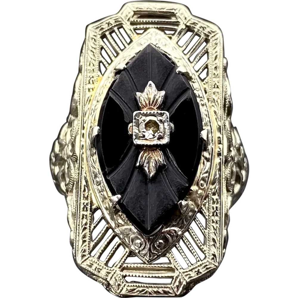 Art Deco 14K, Onyx & Diamond Ring - image 1