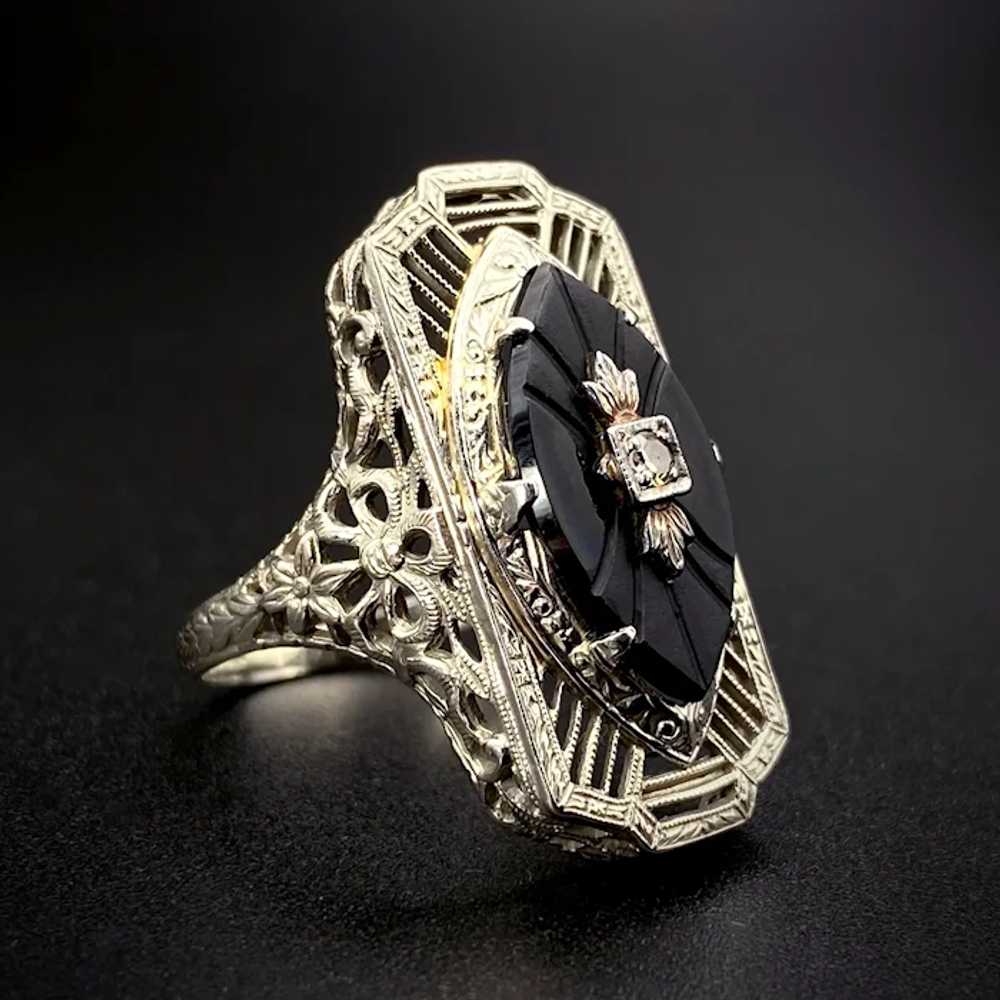 Art Deco 14K, Onyx & Diamond Ring - image 2