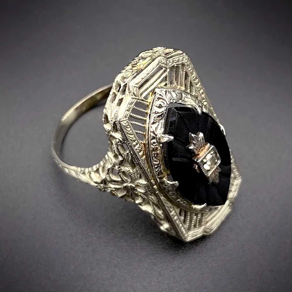 Art Deco 14K, Onyx & Diamond Ring - image 3