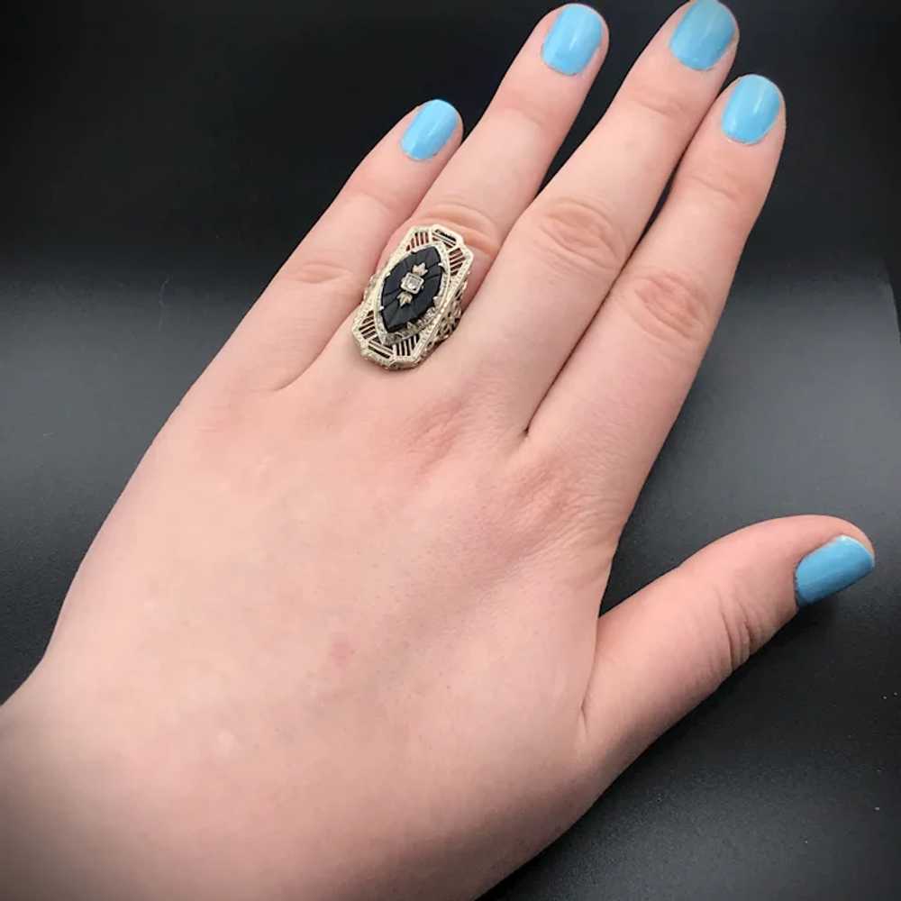 Art Deco 14K, Onyx & Diamond Ring - image 5
