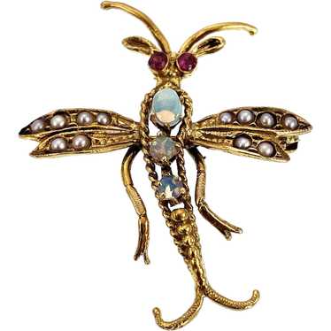 14K, Opal, Seed Pearl & Ruby Insect Brooch - image 1