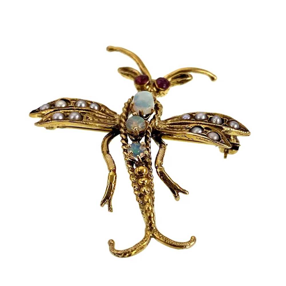 14K, Opal, Seed Pearl & Ruby Insect Brooch - image 2