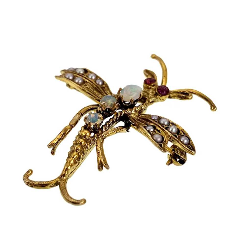 14K, Opal, Seed Pearl & Ruby Insect Brooch - image 3
