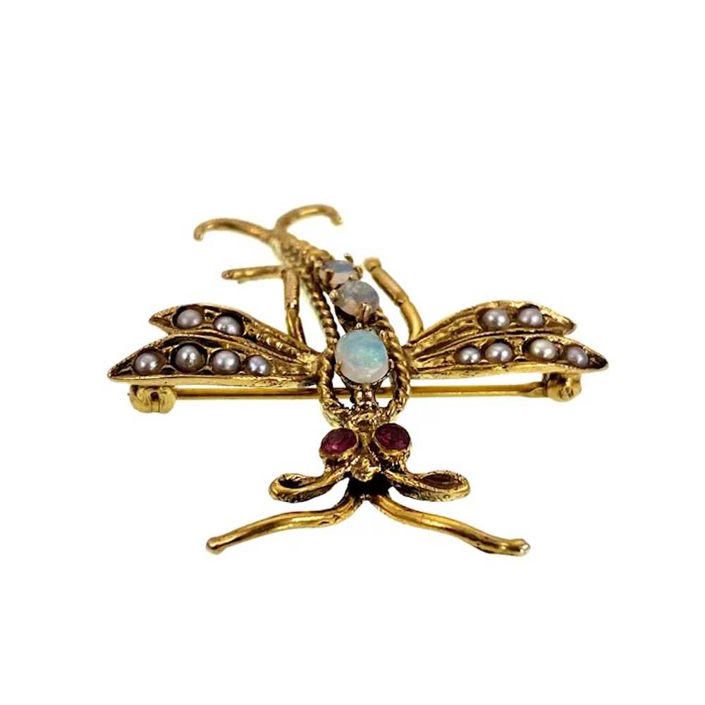 14K, Opal, Seed Pearl & Ruby Insect Brooch - image 4