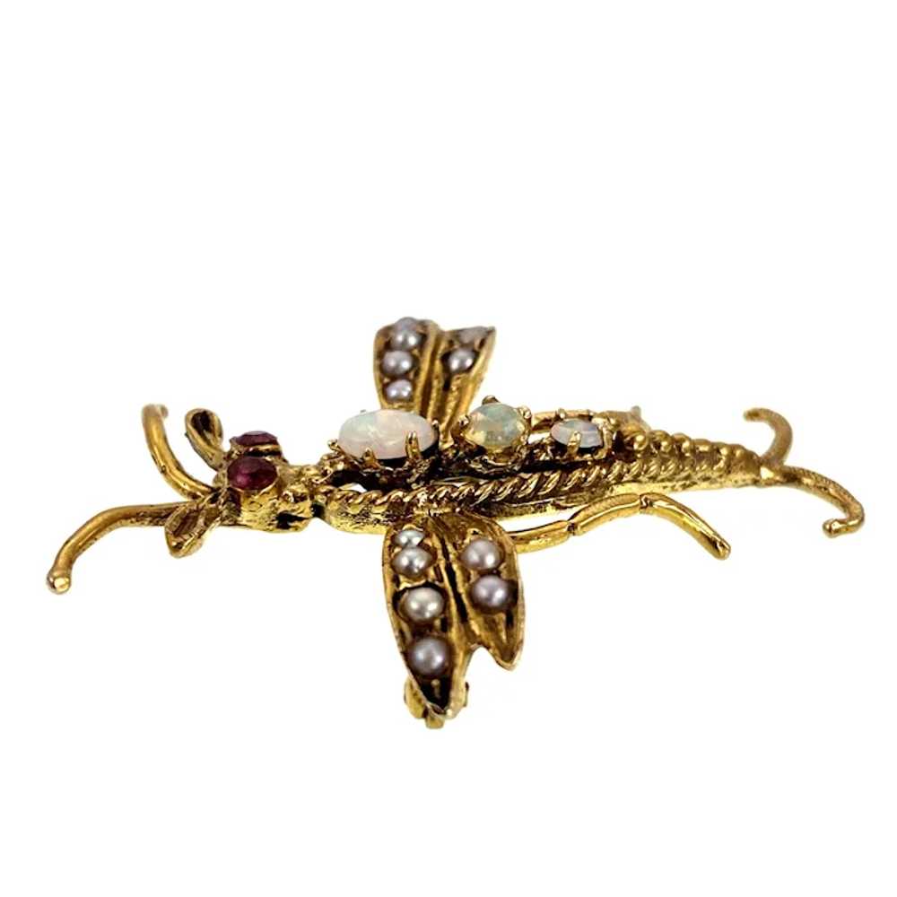 14K, Opal, Seed Pearl & Ruby Insect Brooch - image 5