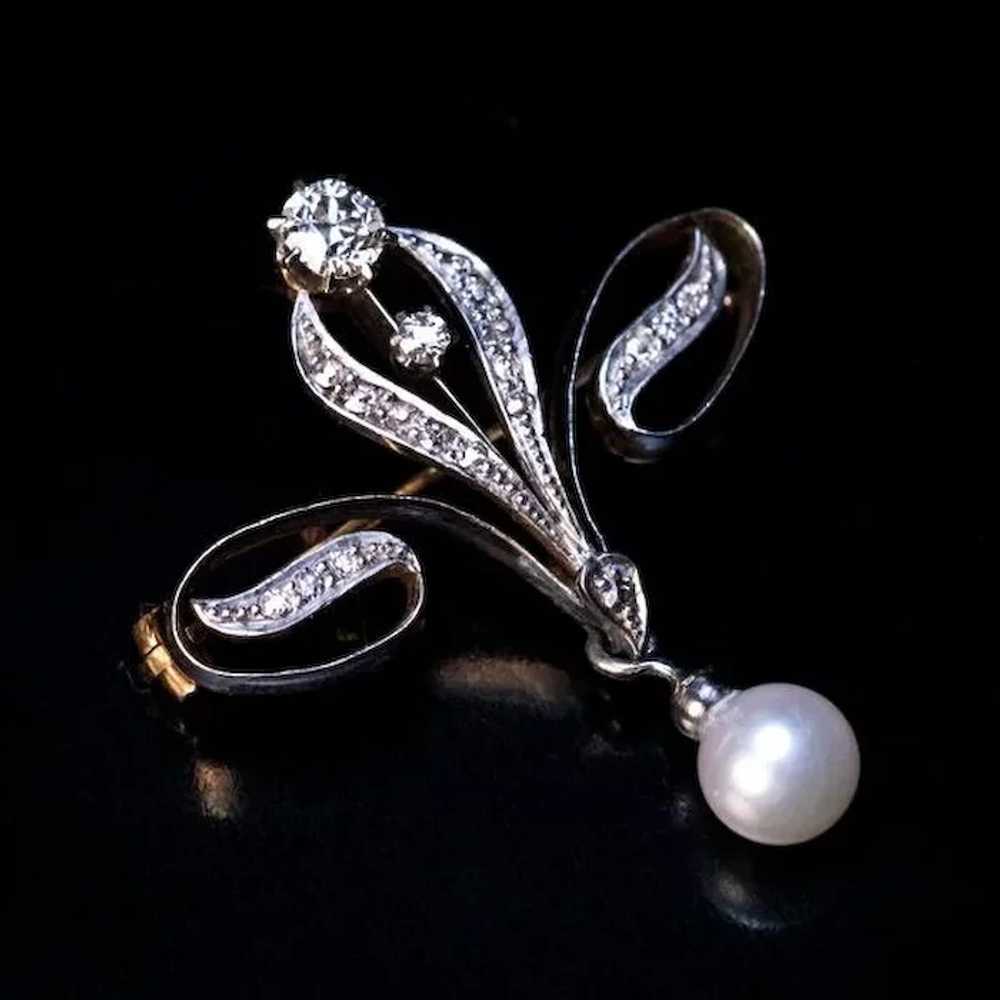 Antique Russian Art Nouveau Diamond Pearl Brooch … - image 2