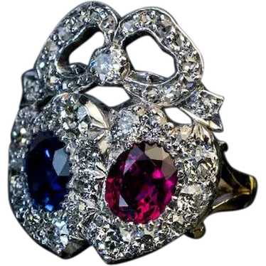 Antique Double Heart Sapphire Ruby Diamond Ring - image 1
