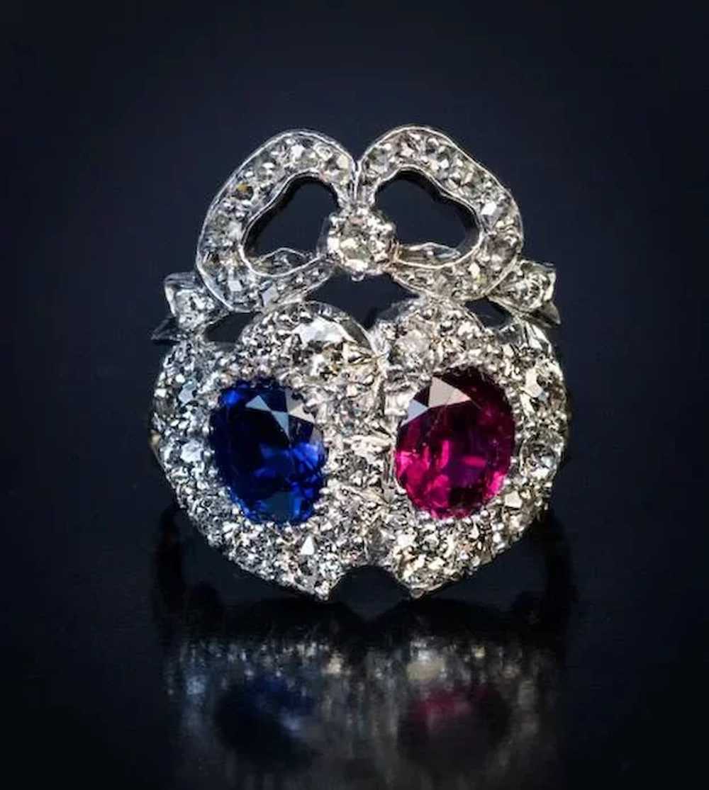 Antique Double Heart Sapphire Ruby Diamond Ring - image 2