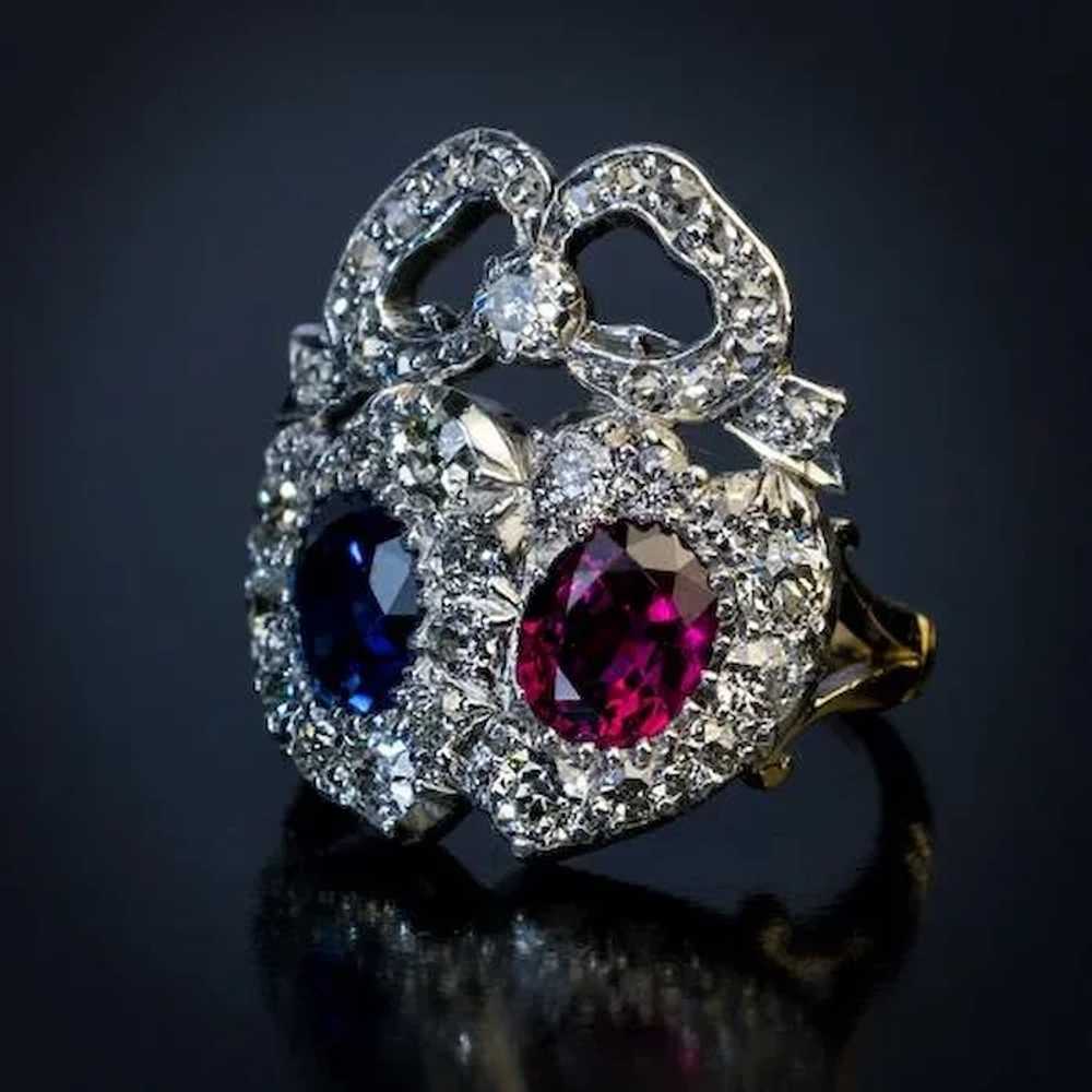 Antique Double Heart Sapphire Ruby Diamond Ring - image 4
