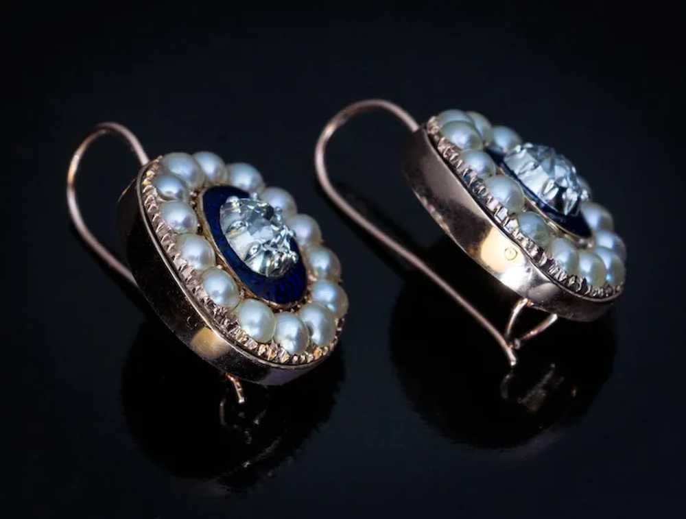 Georgian Era Antique Diamond Enamel Pearl Earrings - image 2