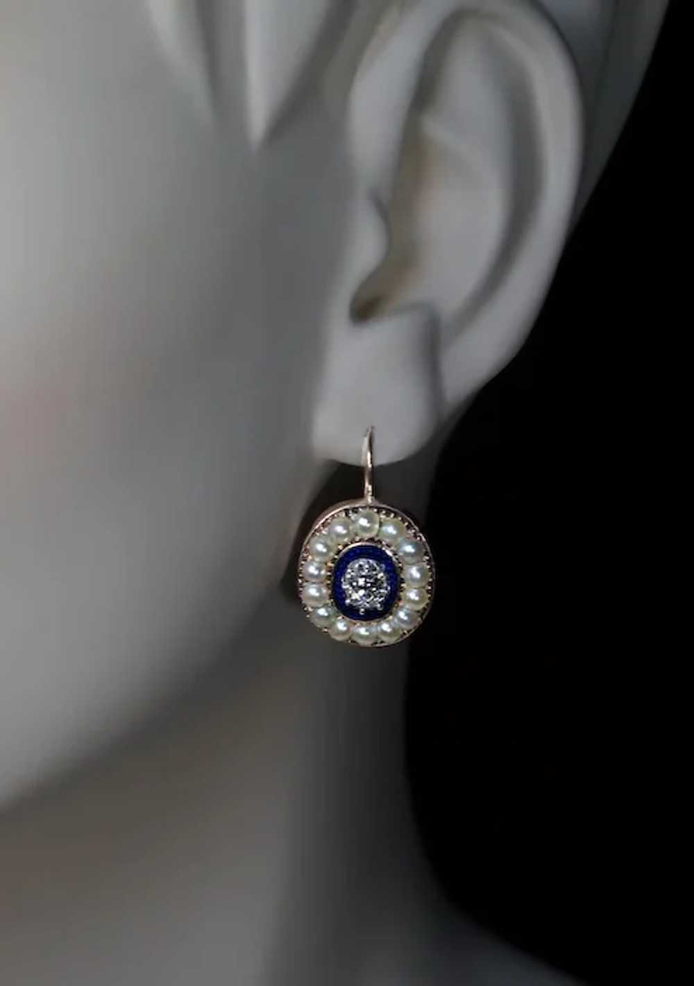Georgian Era Antique Diamond Enamel Pearl Earrings - image 5