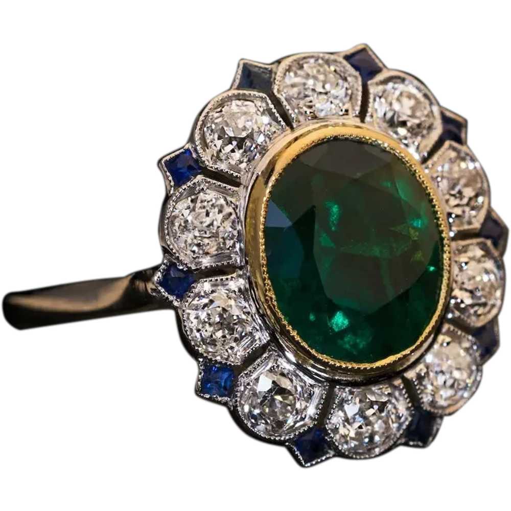 Art Deco Vintage Emerald Diamond Sapphire Ring - image 1