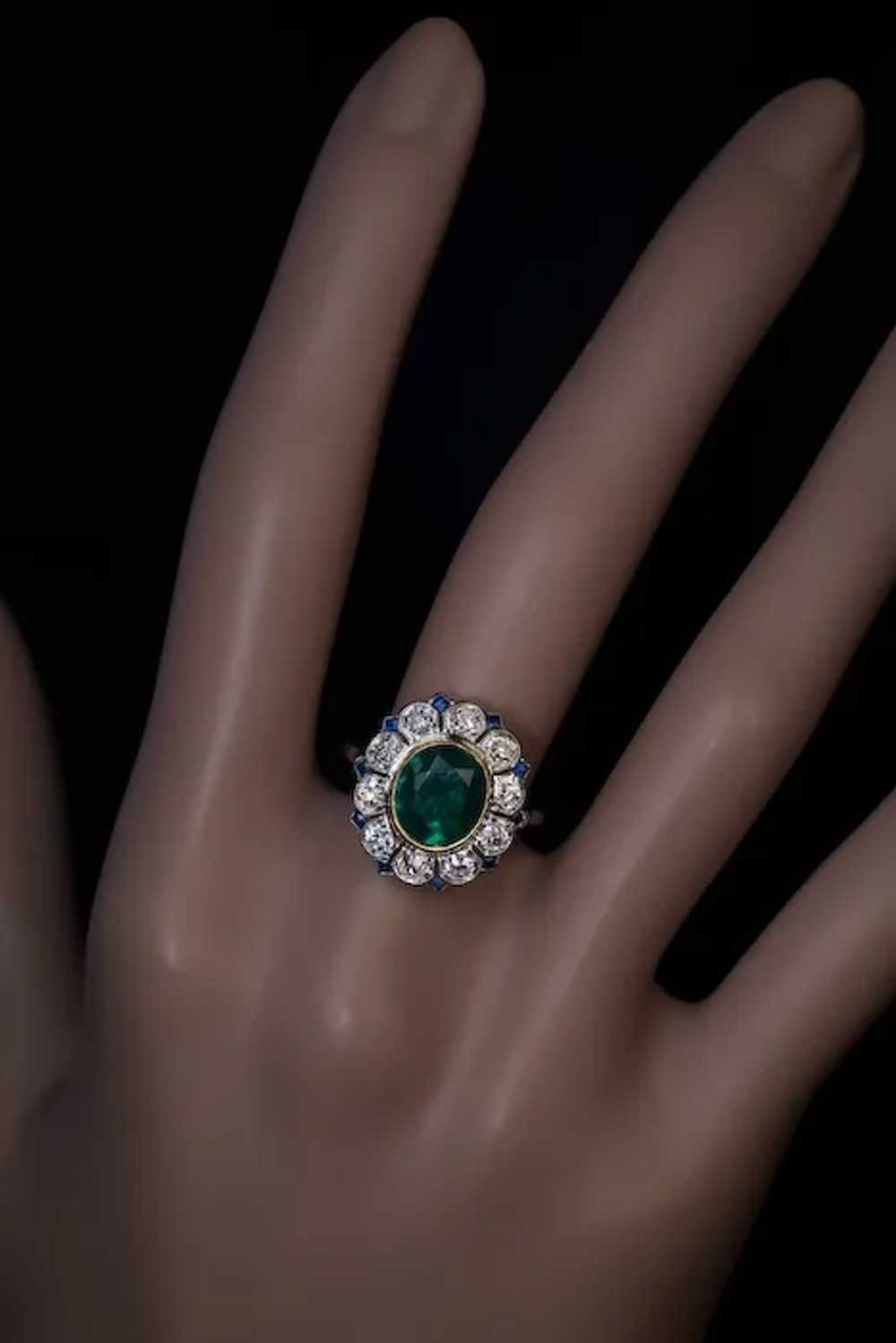 Art Deco Vintage Emerald Diamond Sapphire Ring - image 2