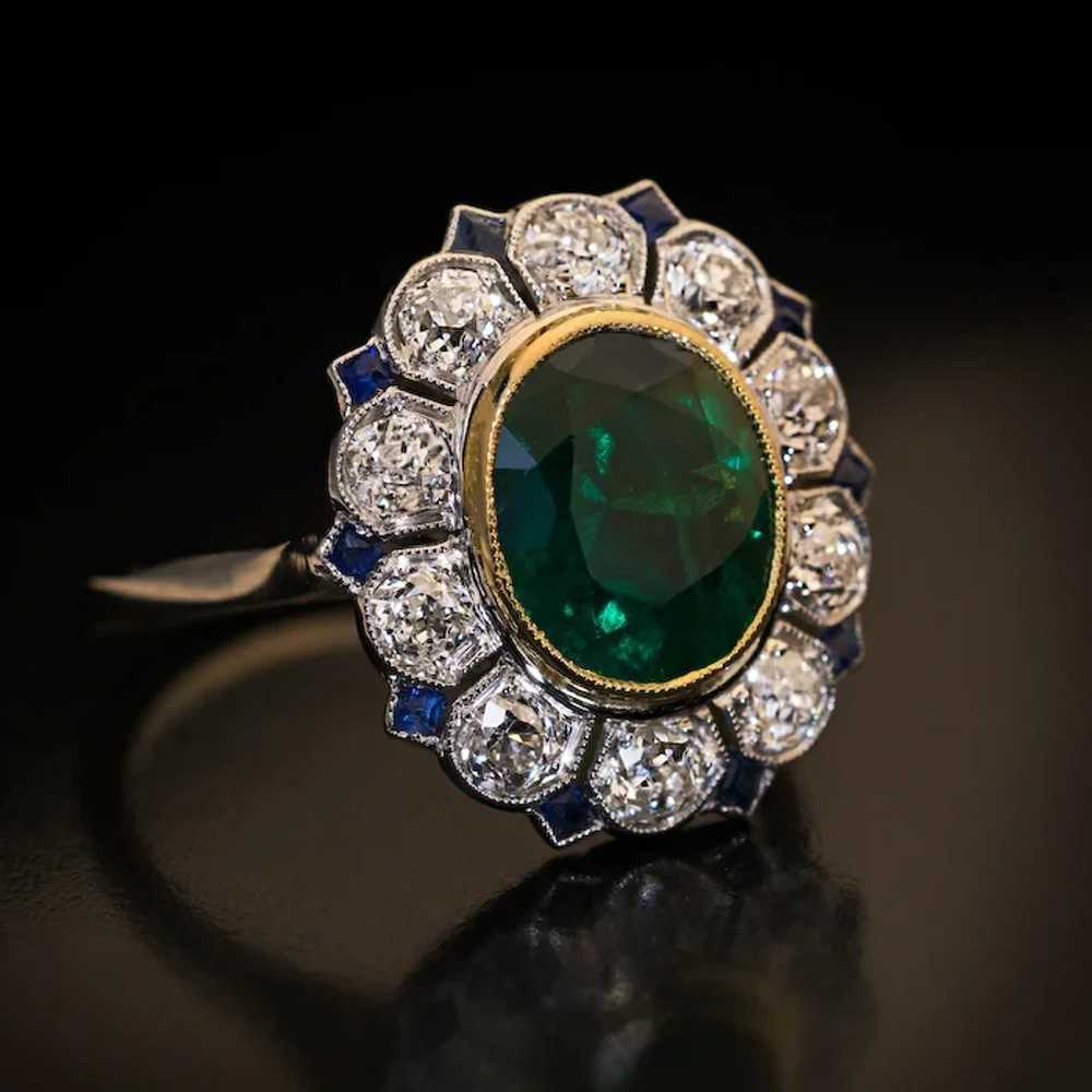 Art Deco Vintage Emerald Diamond Sapphire Ring - image 3