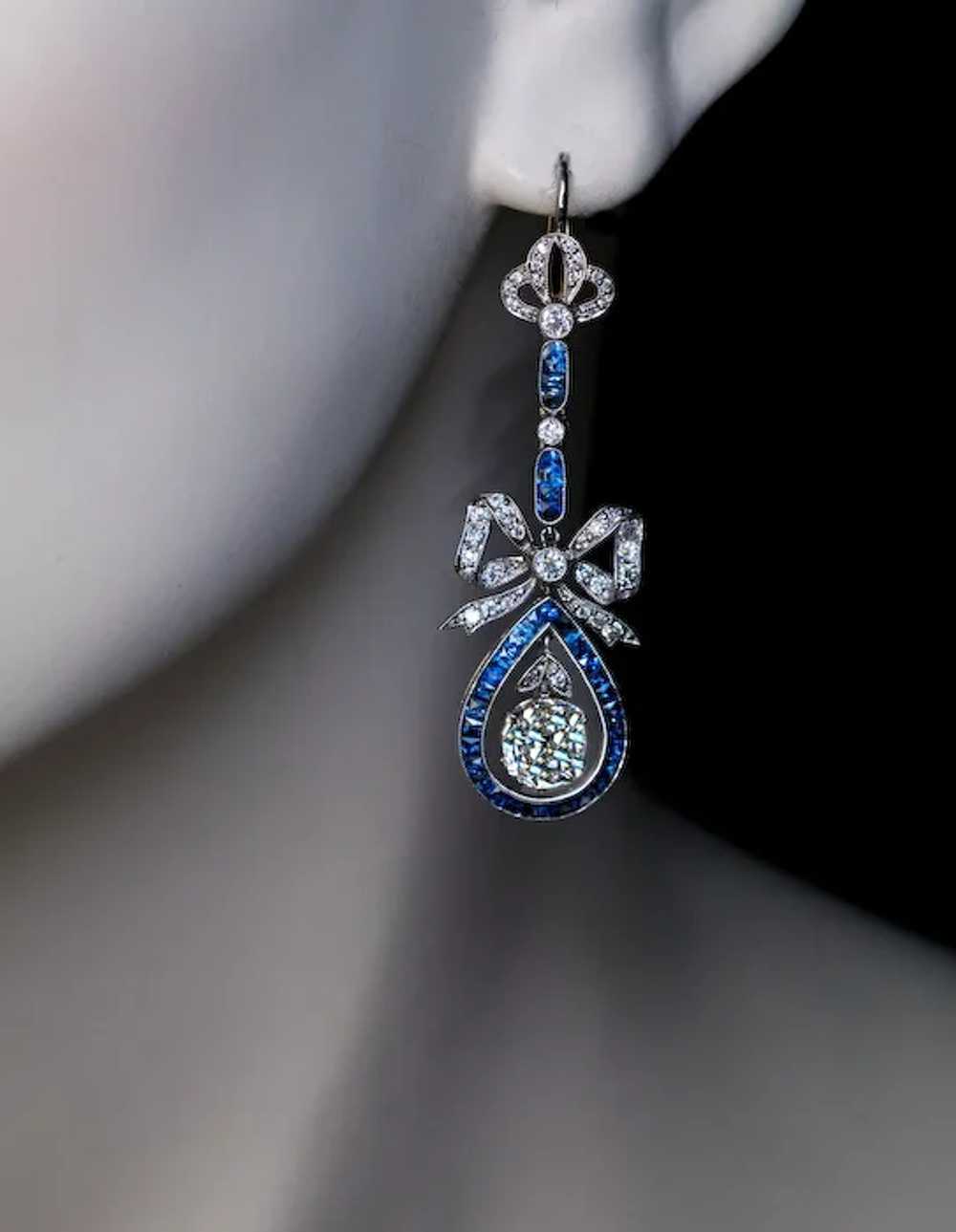 Belle Epoque Antique Diamond Sapphire Earrings - image 2
