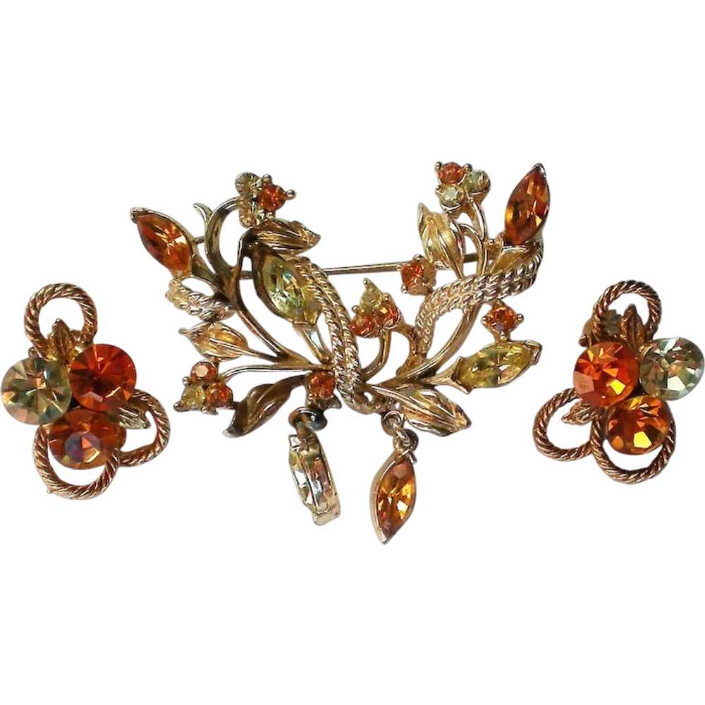 Amber Colored Rhinestone Pin and Clip Earrings Set - image 1