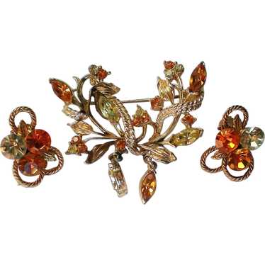 Amber Colored Rhinestone Pin and Clip Earrings Set - image 1
