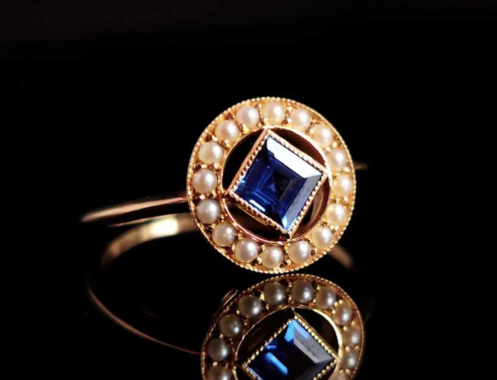 Antique Art Deco Sapphire and Pearl halo ring, 18… - image 10