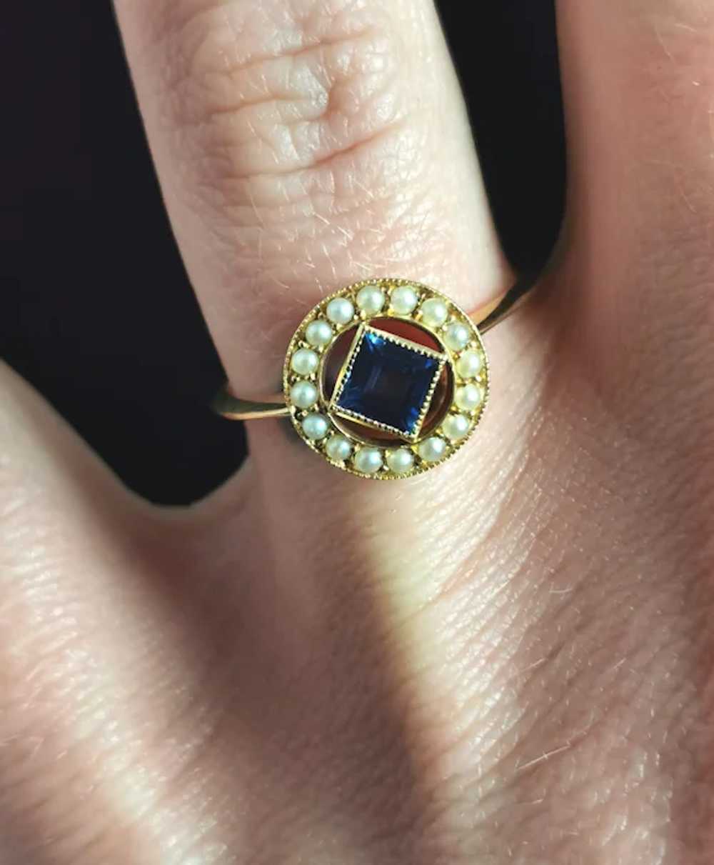 Antique Art Deco Sapphire and Pearl halo ring, 18… - image 12