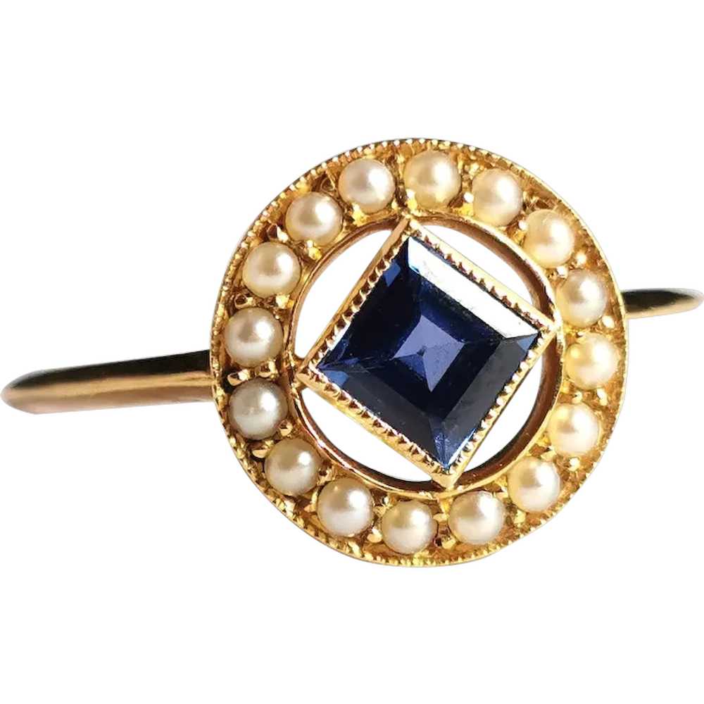 Antique Art Deco Sapphire and Pearl halo ring, 18… - image 1