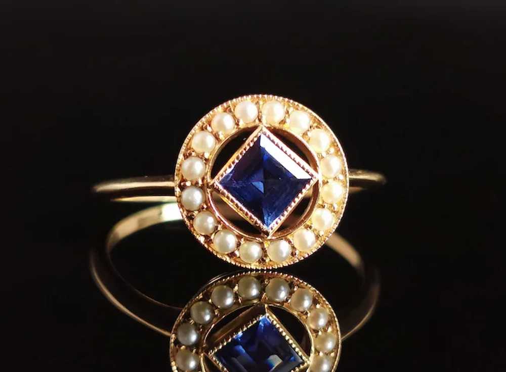 Antique Art Deco Sapphire and Pearl halo ring, 18… - image 2