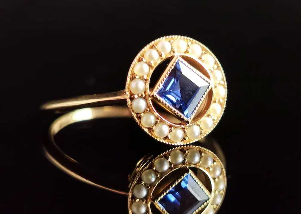 Antique Art Deco Sapphire and Pearl halo ring, 18… - image 3