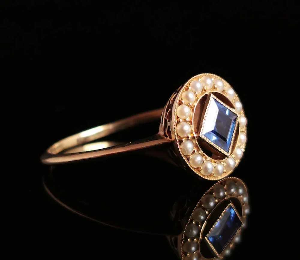 Antique Art Deco Sapphire and Pearl halo ring, 18… - image 9