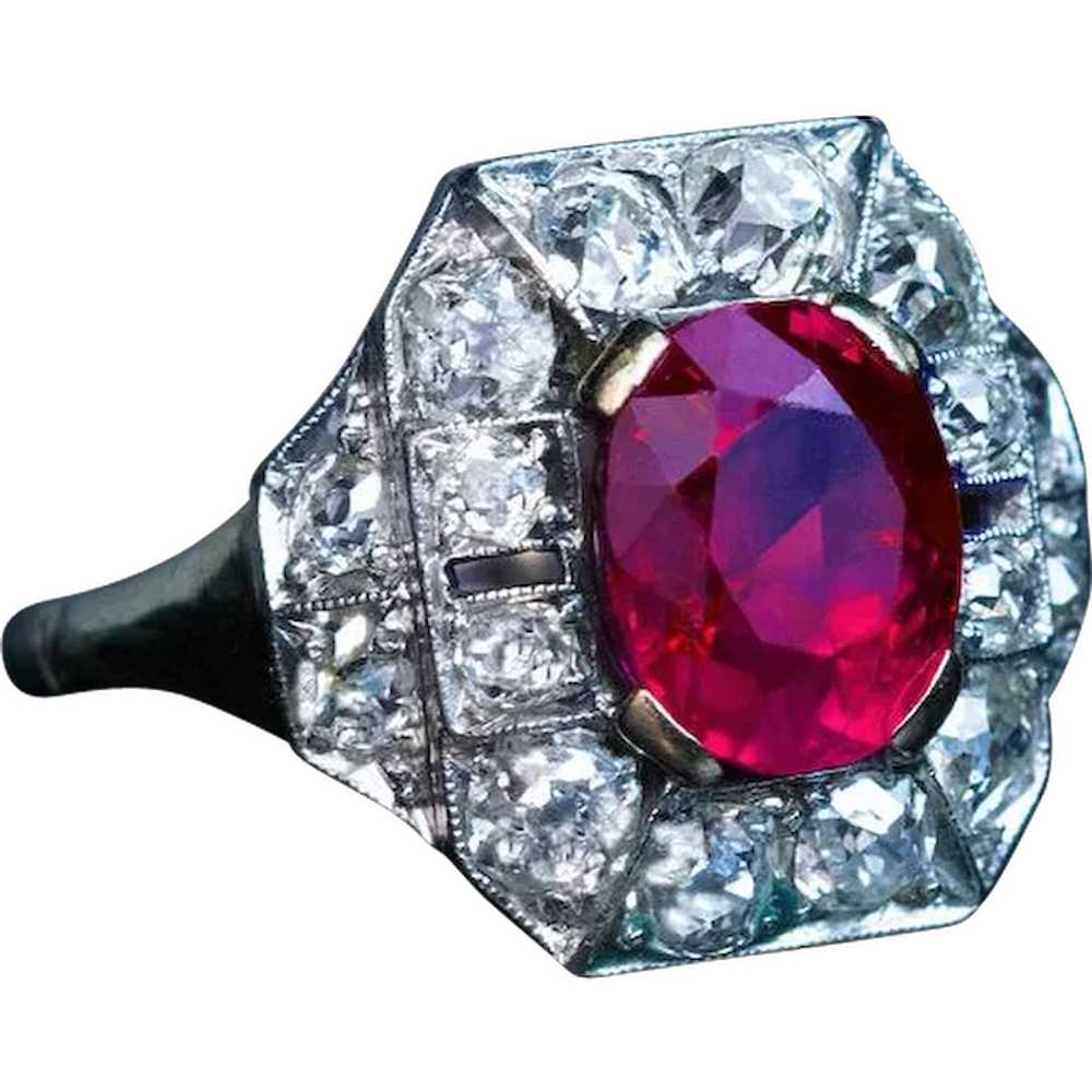 Art Deco 2.60 Ct Burmese Ruby Diamond Vintage Eng… - image 1