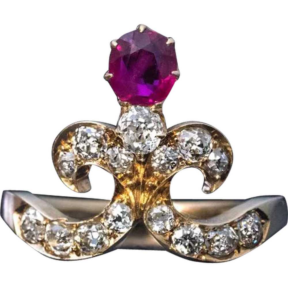 Belle Epoque Antique Tiara-Shaped Ruby Diamond Ri… - image 1