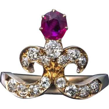 Belle Epoque Antique Tiara-Shaped Ruby Diamond Ri… - image 1