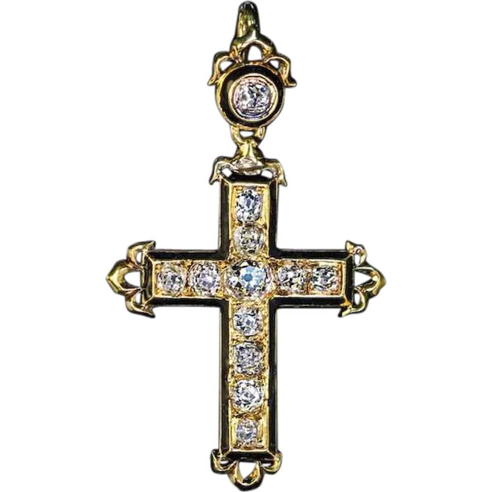 Antique French Diamond Enamel 18K Gold Cross Pendant … - Gem