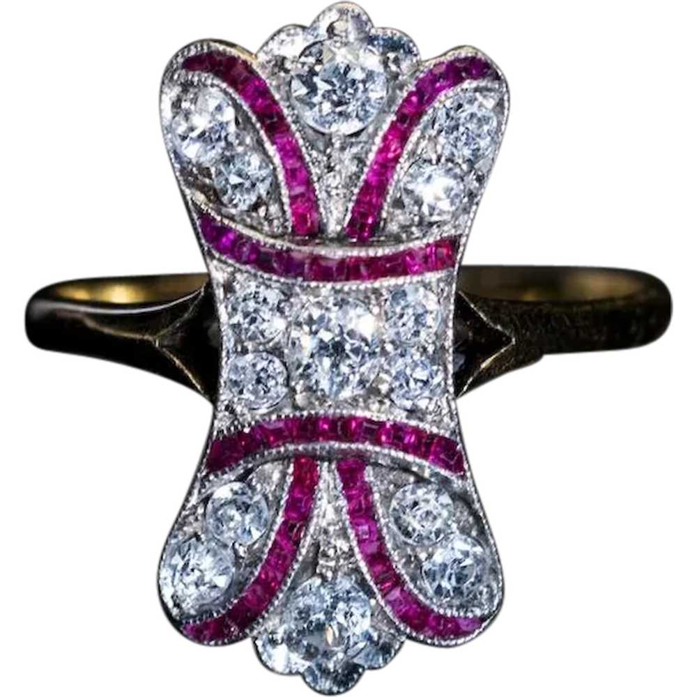 Antique Edwardian Diamond Ruby Bow Motif Ring - image 1