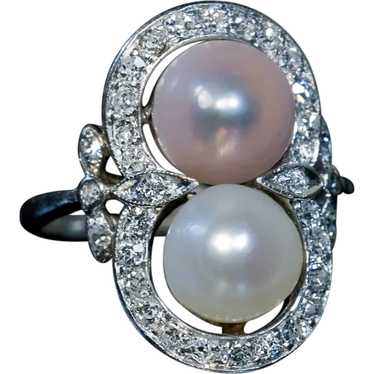 Vintage Pearl Diamond Platinum Engagement Ring - image 1
