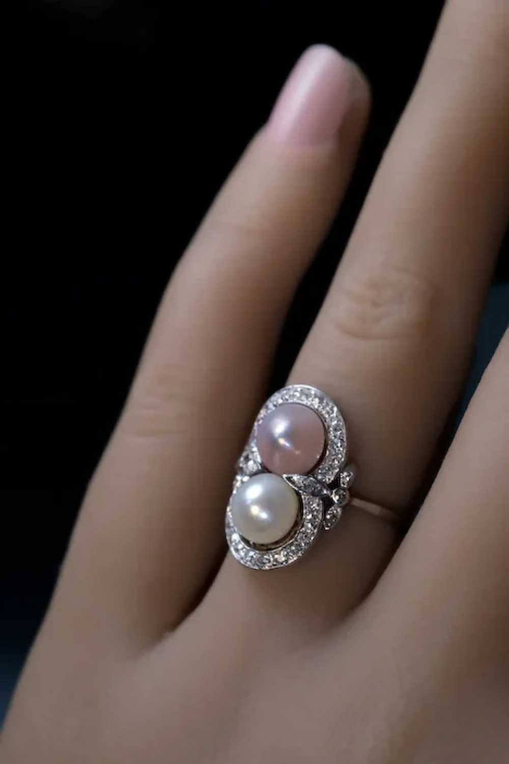 Vintage Pearl Diamond Platinum Engagement Ring - image 3