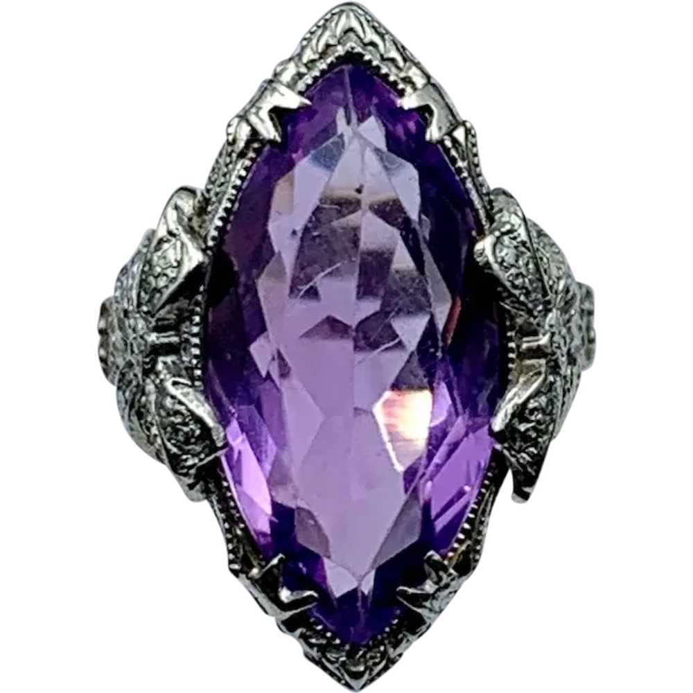 14K White Gold & Amethyst Navette Art Deco Ring - image 1