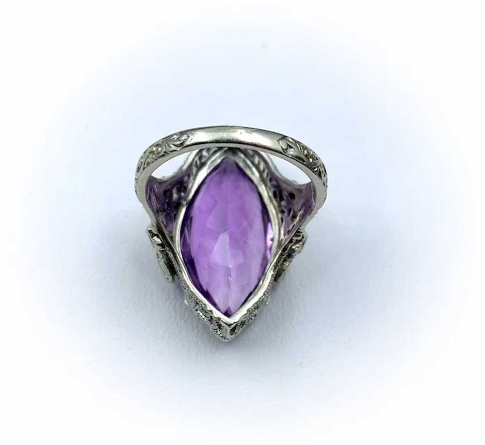 14K White Gold & Amethyst Navette Art Deco Ring - image 2