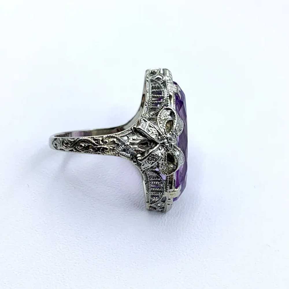 14K White Gold & Amethyst Navette Art Deco Ring - image 3