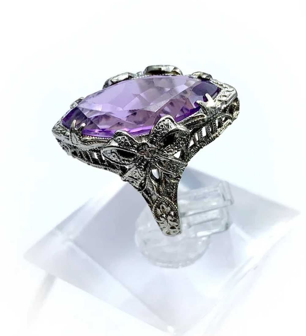 14K White Gold & Amethyst Navette Art Deco Ring - image 4