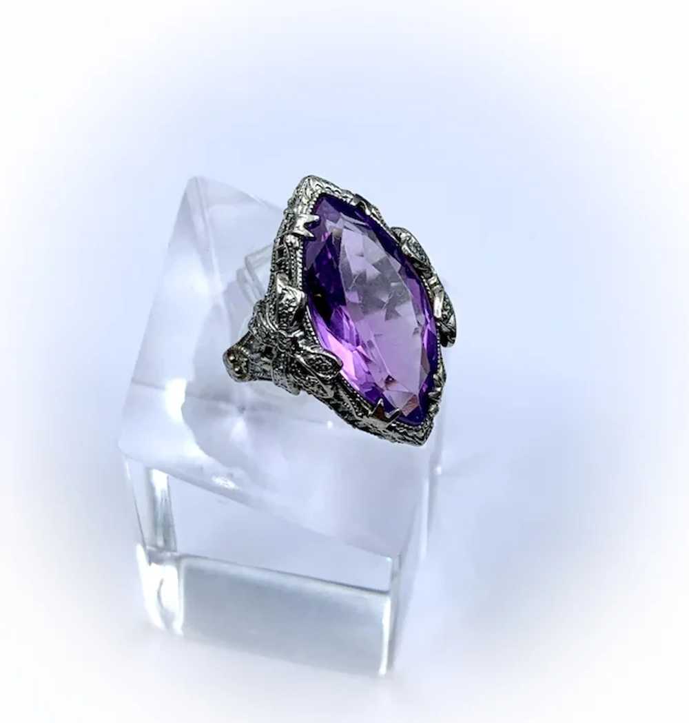 14K White Gold & Amethyst Navette Art Deco Ring - image 5