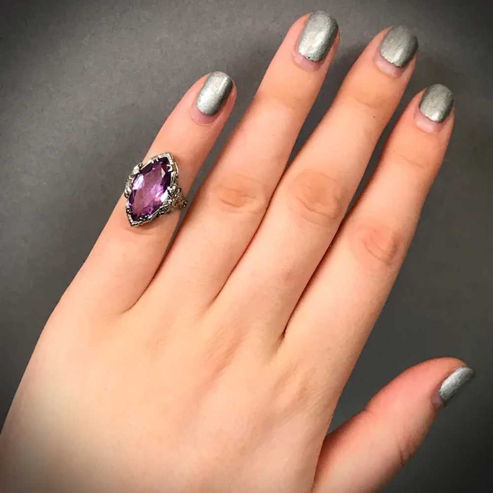 14K White Gold & Amethyst Navette Art Deco Ring - image 6