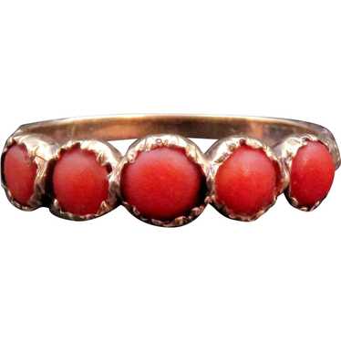 Victorian 10K Gold & Five Stone Coral Band Ring - image 1