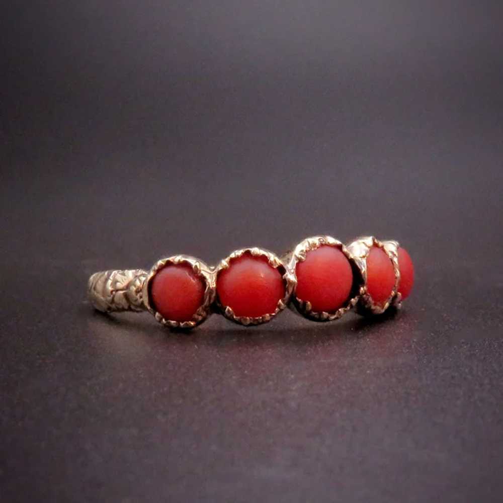 Victorian 10K Gold & Five Stone Coral Band Ring - image 3