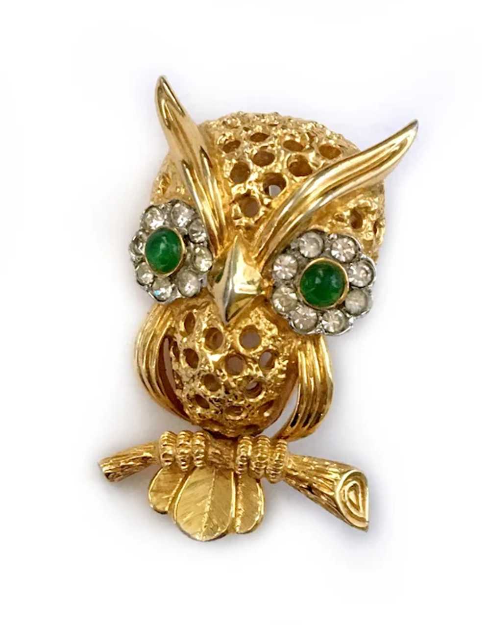 Jomaz Cute Peek-a-Boo Owl Brooch with Faux Emeral… - image 4
